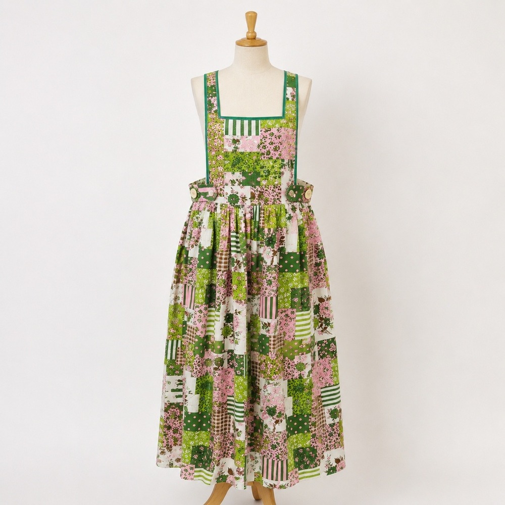 Handmade Patchwork Floral Pinafore Dress Womens Medium Green Pink Excellent